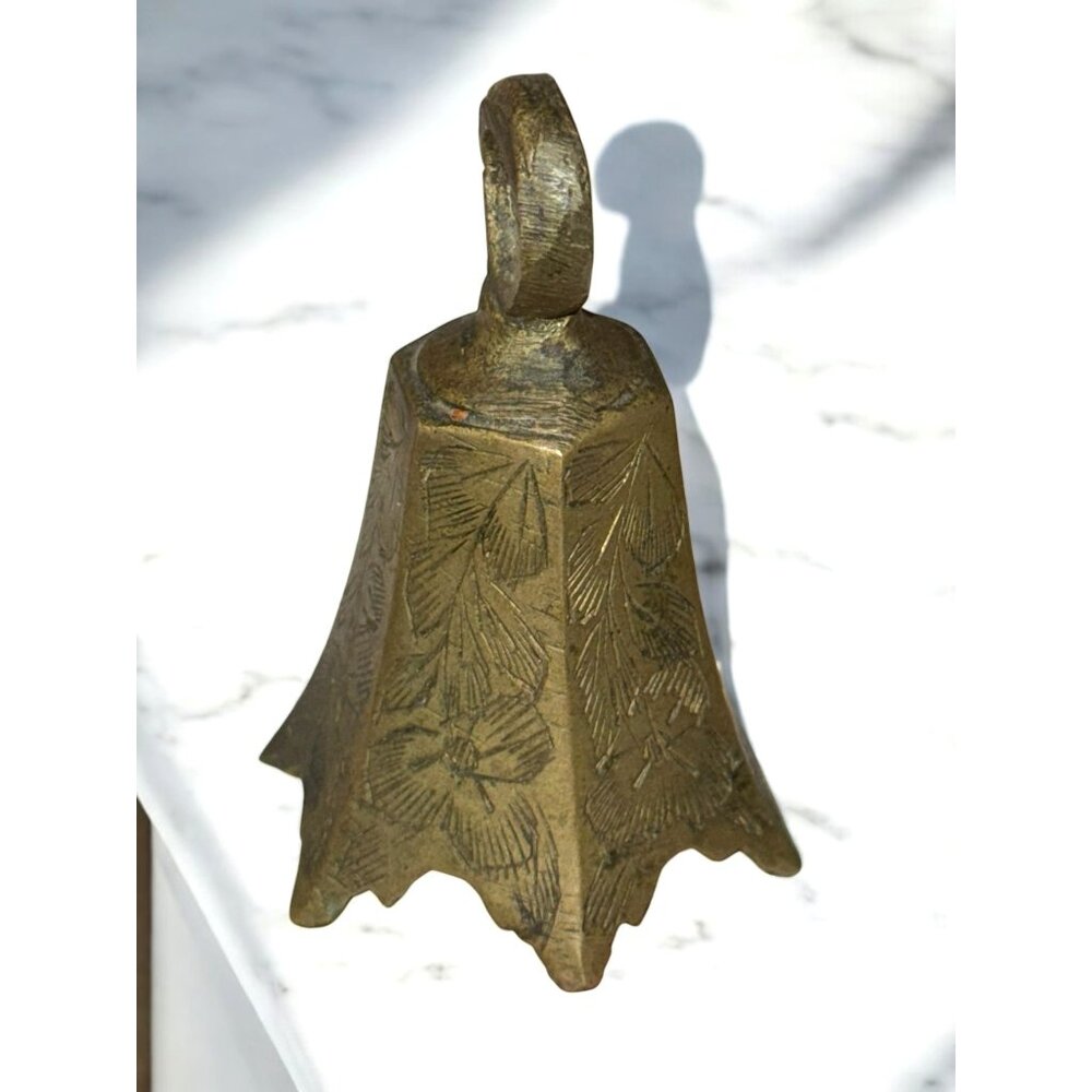 Vintage SARNA Brass Handbell Bell Engraved Floral Leaf Design